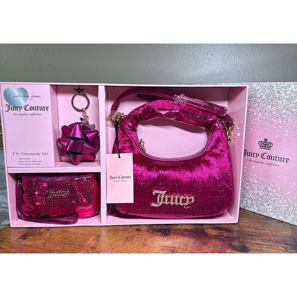Juicy Couture 3-PC Sequin Hobo Bag Mini Wristlet Mirror Keychain Set Sequin - Picture 1 of 16